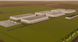 Aerial render of a fictional data center campus with six white halls, a substation and green fields around it